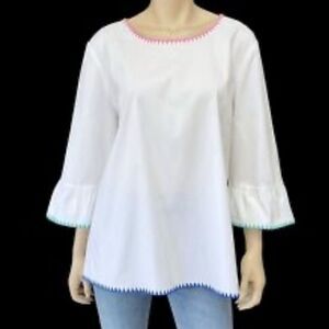 Talbots Petites Women Size SP White 3/4 Bell Sleeve Blouse Rainbow Trim
